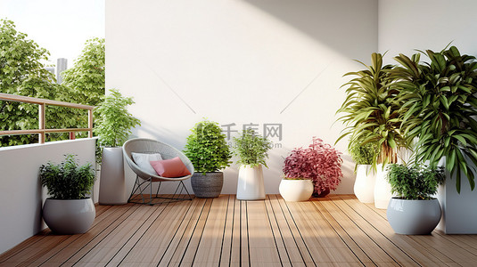 装饰着花盆的现代家具露台的 3D 渲染