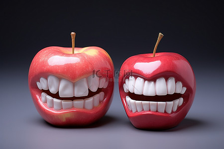苹果和牙齿前面的牙齿模型