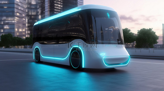 智能车辆技术概念 3D 渲染自动驾驶电动巴士在城市街道上的自动驾驶
