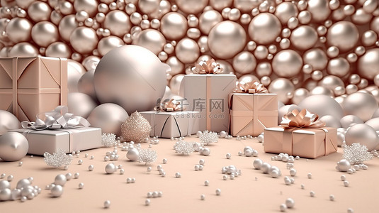 快乐企鹅背景图片_圣诞装饰品和礼物的节日 3D 渲染
