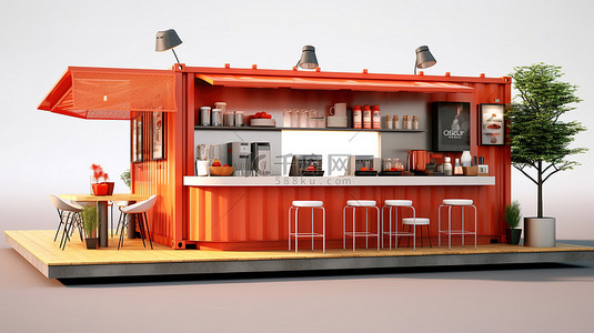 由集装箱制成的咖啡馆的 3D 插图