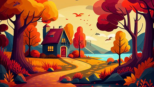 秋季景色房屋插画背景