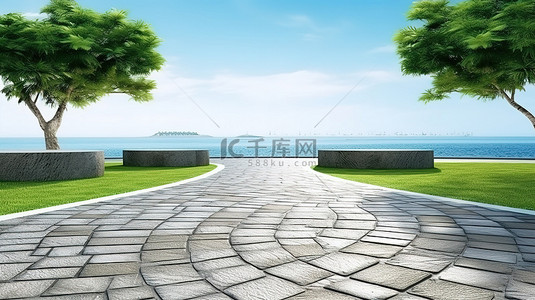 草坪和树木背景图片_广阔的绿色草坪的 3D 插图，享有海景和鹅卵石小路