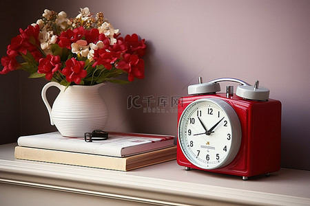 时钟红色背景图片_白桌上的红色收音机时钟红色鲜花和书籍