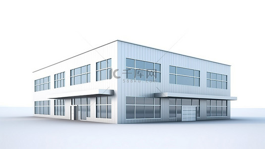 现代办公室和仓库设施以 3d 描绘的白色背景为背景