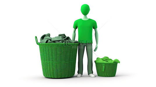 身穿绿色空白 T 恤的购物者站在白色 3D 背景下装满商品的篮子前
