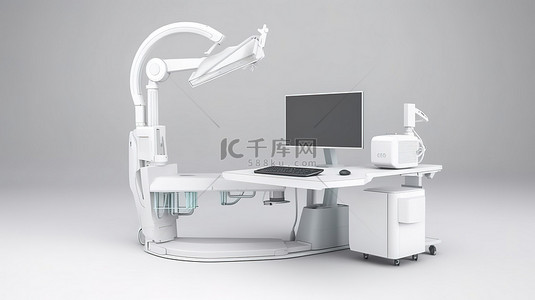 核磁共振设备扁平背景图片_3d 渲染中带有监视器的 c 臂机的白色背景显示