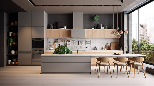 舒适家具背景图片_在舒适的家居环境中现代而迷人的厨房内部的 3D 渲染