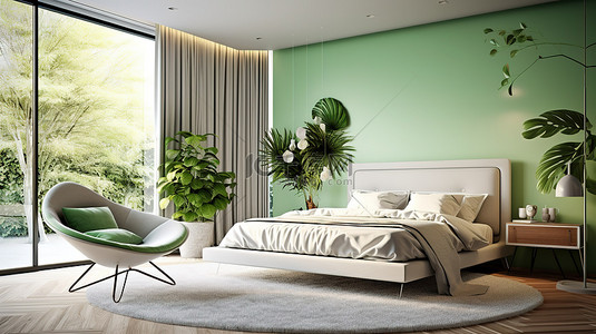浅绿色椅子和枕头的 3D 渲染，在轻松的卧室内部装饰白色床