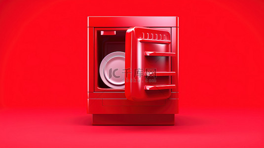 单色红色洗碗机烤箱的红色背景 3d 图标