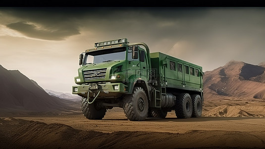房车车背景图片_配备用于持久远程探险的坚固绿色卡车的 3D 插图