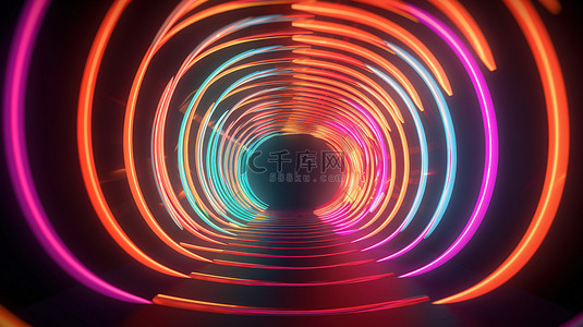 红色复古圆圈背景图片_复古旋转隧道 3D 渲染霓虹灯抽象线塑造隧道