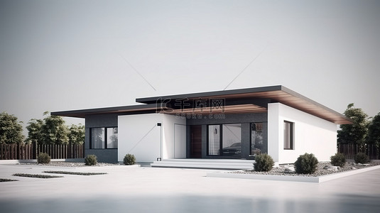 白色地板上的简约住宅，灰色背景下住宅建筑外观的 3D 视觉效果