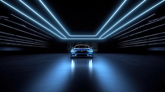 黑暗宽敞的大厅，配有蓝色灯光 3D 渲染车辆背景