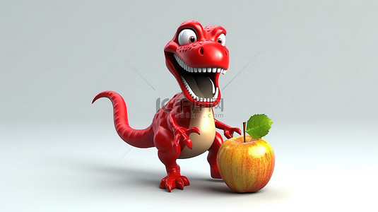 有趣的 3D 猩红色恐龙，手里拿着一个苹果