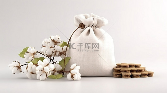 农业金融背景图片_白色背景上带有花朵和硬币的可交易棉袋的 3D 插图
