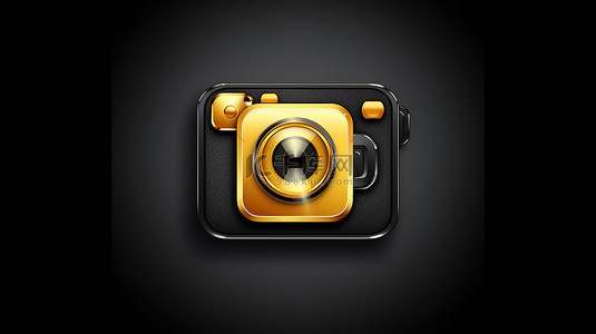 视频界面背景图片_带有 3D 渲染黑色方形键按钮和界面 ui ux 元素的平面轮廓金色数码摄像机图标
