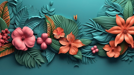 用橡皮泥说明的热带树叶和花朵组成的无缝边框 3D 图像