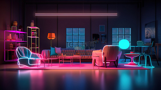 充满活力的家具陈列室，配有令人惊叹的 3D 插图中的沙发餐桌椅子和霓虹灯