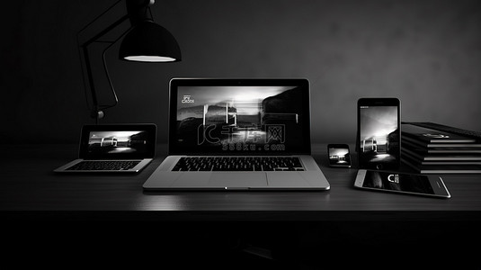 电脑桌面动态背景图片_时尚黑白桌面上三个响应设备的动态 3D 渲染