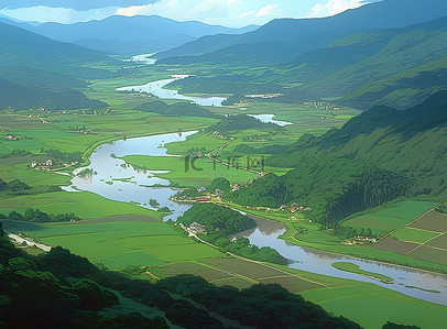 湖上游船卡通背景图片_平原上的河流，周围有陡峭的山丘