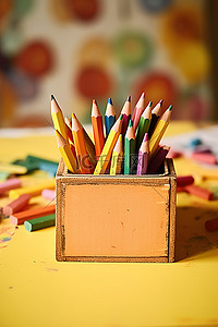 教室里背景图片_教室里的一盒蜡笔和一张纸