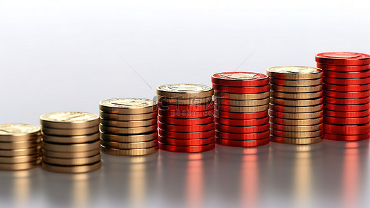 红色上箭头背景图片_白色背景，带有硬币堆的 3D 渲染，顶部有红色箭头，表示财务成功和业务增长