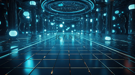 3d渲染科幻景观中金属地面上的星空走廊未来霓虹灯圆圈