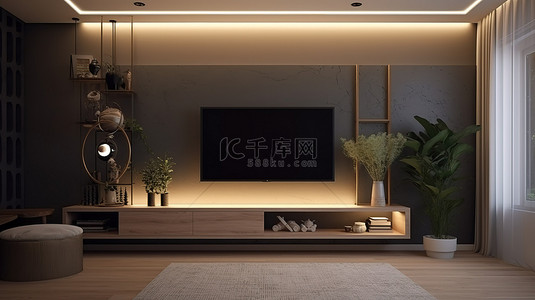 室内场景 3D 渲染舒适的客厅，配有壁挂式电视架和环境照明