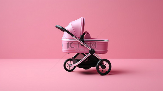 柔和的粉红色 3D 渲染中描绘的时尚婴儿车设计