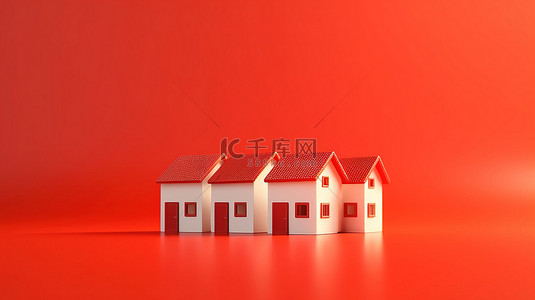 3D 渲染的红色背景下的一组模糊房屋