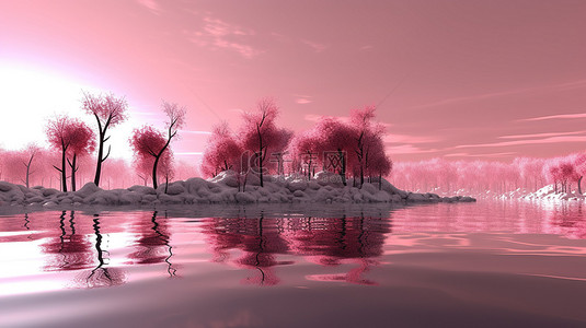 3D 渲染的令人惊叹的日出景观，粉红色的树木和草反射在湖上
