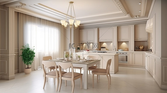 通过 3D 渲染创建的古典风格的优雅米色厨房和餐厅