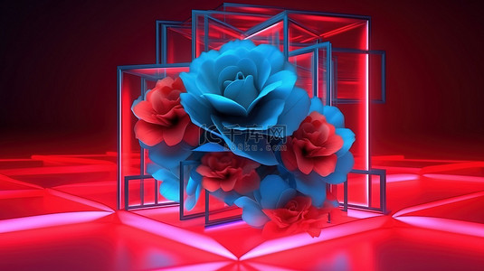 几何形状以充满活力的红色和蓝色色调照亮，并带有 3D 渲染的红色花朵