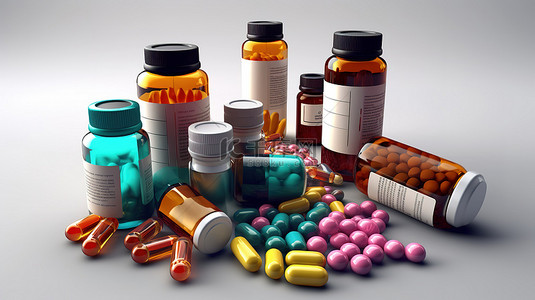 維生素背景图片_药瓶片剂药丸和泡罩包装的 3D 渲染