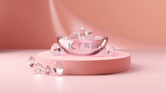 美容春天背景图片_柔和米色背景的 3D 渲染，带有水晶装饰的粉红色产品展示台