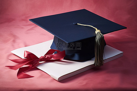 粉色背景上的毕业生文凭和毕业帽
