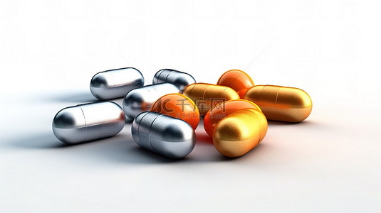 一系列灰色膳食补充剂片剂，白色背景上带有独特的橙色 3D 插图