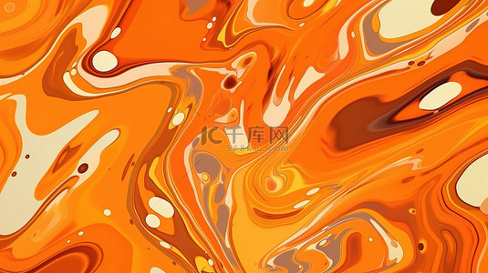 橙色水纹理的令人惊叹的 3D 插图，表面具有抽象混乱的流行艺术图案