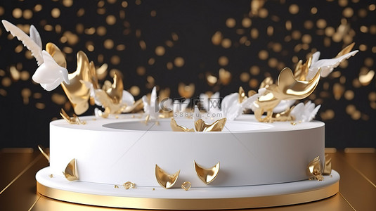 情人节金色和白色圆形 3D 展示台，背景是飘动的心