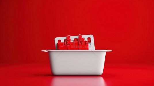 红丝带奖金卡坐落在充满活力的白色和红色背景 3D 渲染的购物篮中