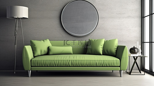 现代客厅配有绿色沙发和镜面桌子室内设计，以 3D 渲染