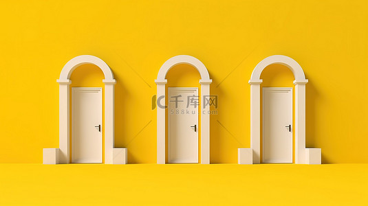 黄色背景简单背景图片_在 3D 中创建的充满活力的黄色背景下的三重白色门的简单概念