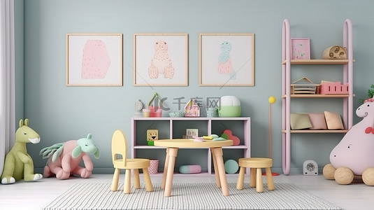 组织架构模板背景图片_斯堪的纳维亚风格的游戏室内部配有玩具填充的相框儿童家具彩色桌椅和组织良好的架子 3D 渲染
