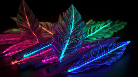 热带花卉背景背景图片_3d 渲染中的照明霓虹灯和绿色树叶