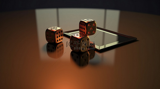 骰子三个六背景图片_3d 渲染两个骰子下降到反光黑色桌子上