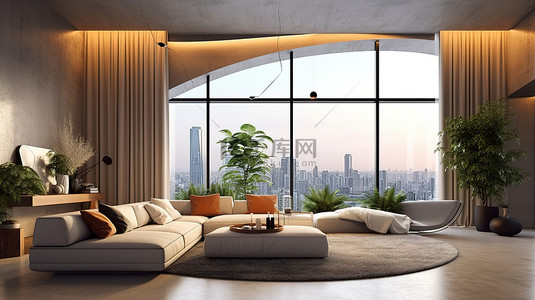 带全景窗户和现代奢华设计的客厅的 3d 渲染图