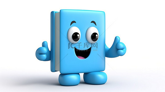 3D 渲染白色背景蓝书人物吉祥物，配有可充电电池