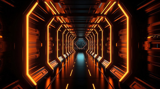 黑色背景下的 3D 科幻插图霓虹橙色宇宙飞船走廊