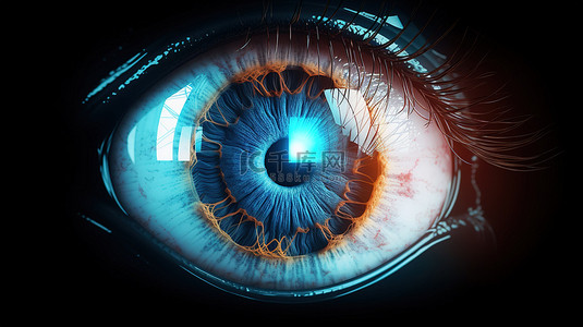角膜接触镜背景图片_发光手电筒反射在真实眼睛虹膜角膜和蓝色视网膜上的 3D 插图